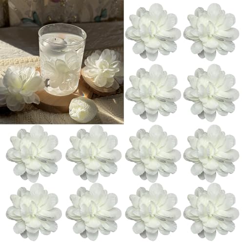 JQLMLXLV 12 Pcs Floating Flowers for Floating Candle Centerpieces Artificial Flower Heads Vase Filler for Wedding Table Party Home Decor - Realistic Petal Design (White)