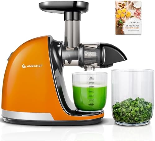 Slow Juicer, AMZCHEF Masticating Juicer Machines with Reverse Function, Cold Press Juicer with Brush, Recipes for High Nutrient Fruits and Vegetables, Orange(Updated)