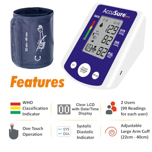 Image of AccuSure BP09 Digital Blood Pressure Monitor - Automatic Upper Arm BP Machine for Home Use, Large Display, WHO Indicator, Dual User Memory, Adjustable Cuff (22-40 cm), USB Type-C & Battery Powered | 2 Year Warrenty-WB