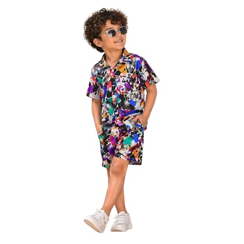Image of superminis Boys Co-Ord Set Rayon Shirt & Shorts Set (2-10 Years) | Printed Summer Coord Set for Boys | Casual Outfit with Pockets | Comfortable Kids Matching Set