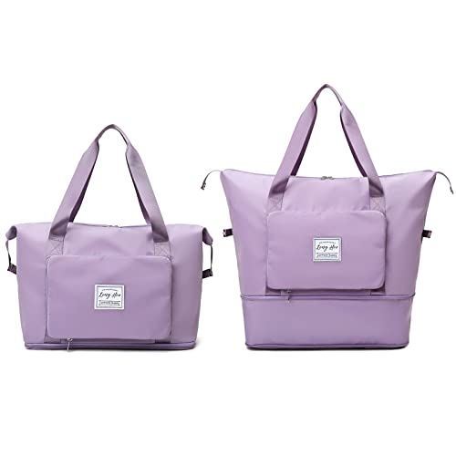 Tiililly Expandable 3 In 1 Large Capacity Folding Travel Tote Dry And Wet Separation Sports Bag Travel Lightweight Waterproof Carry On, Purple #TOP28