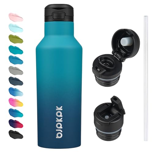 BJPKPK Insulated Water Bottle With Straw 17oz Stainless Steel Water Bottles With 2 Lids And Carry Handle Reusable Travel Metal Thermal Flask,Indigo Black