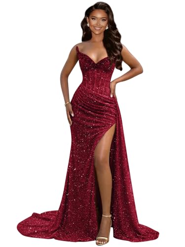 YIBKZ Glitter Sequin Prom Dresses Long Mermaid Formal Dress with Slit Pleated Corset Strapless Burgundy Ball Gowns for Women Size 8