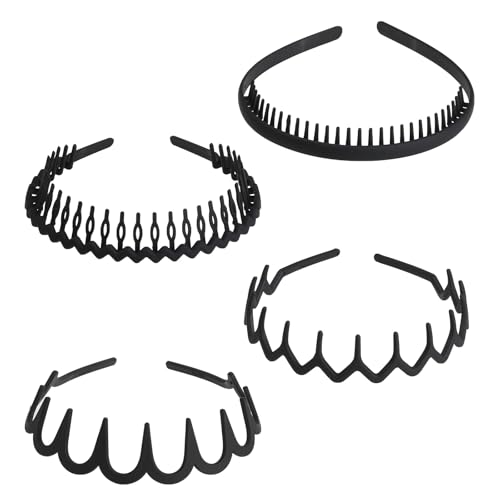4 Stück Haifischzahn Haarband, Haarreifen Damen Haarreif Schwarz Zickzack Haarreif mit Klammern Matt Rutschfest Haarreifen Männer Welle Unisex Haarbänder Elastisches Haarreife für Outdoor Sports Yoga