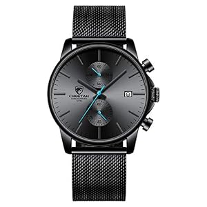 GOLDEN HOUR Mens Watch Fashion Sleek Minimalist Quartz Analog Mesh Stainless Steel Waterproof Chronograph Watches for Men with Auto Date