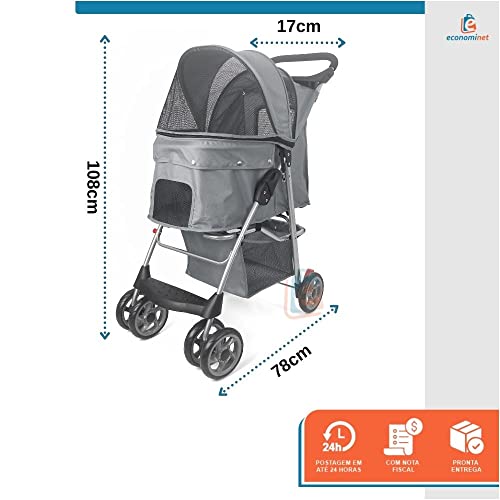 Carrinho Passeio Pet Cao e Gato Com Cesto e Porta Copos Cinza
