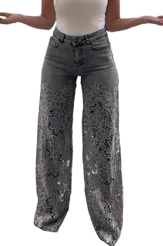 Sezhgswd Women's Lace Patchwork Jeans High Waisted Straight Wide Leg
