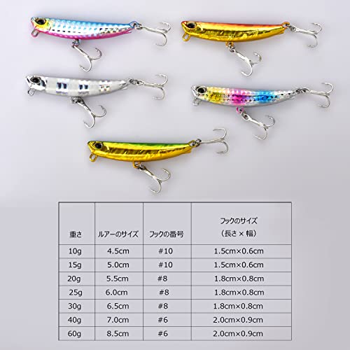 ColorGo メタルジグ ルアー ジグパラ 10g 15g 20g 25g 30g 40g 60g シーバス 青物 マグロ ヒラメ ブリ マス カツオ タチウオ スロージギング 遠投 夜光 淡水 海釣り 5個セット (60g) 6枚目