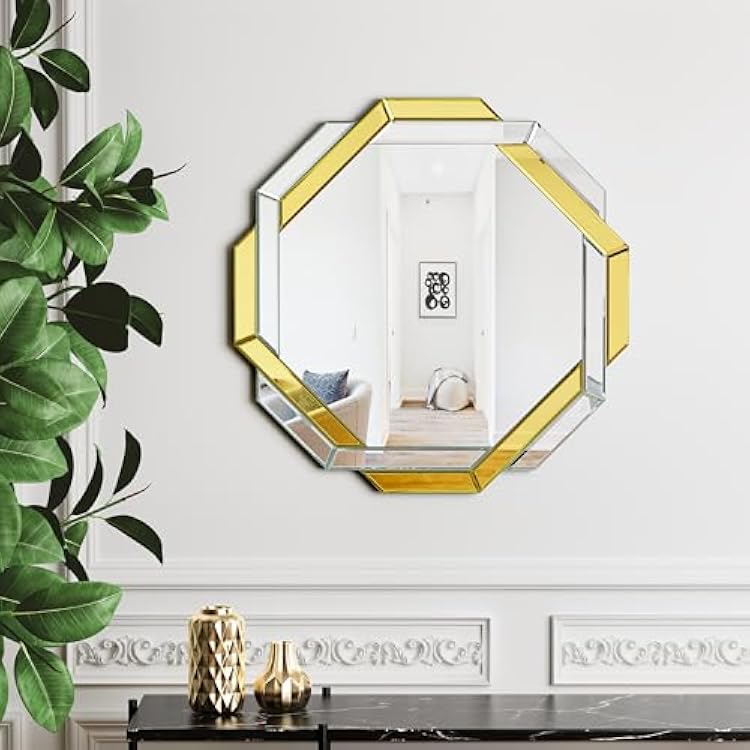 Gold Bathroom Mirror-20X20 Helicoid Wall Mirrors Decorative,Hexagon Beveled Edge Frameless Mirror for Wall Bathroom, Vanity Room, Bedroom, Living Room and Enterway
