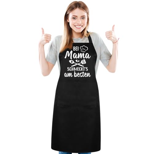 Livdouyu Lustig Küchenschürze Damen,BEI MAMA SCHMECKT'S AM BESTEN,Geschenk Mama Schürze,Lustig Grillschürze,Geschenk Mama Geburtstag,Mama Geschenk,Geschenke für Mama Oma Ehefrau