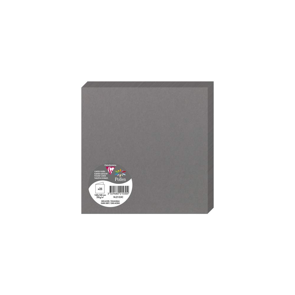 Clairefontaine 2153C Pack of 25 Double Cards Square Format 16x16cm 210g/m² Dark Grey Event Correspondence Invitation Cards Pollen Range Smooth Premium Paper