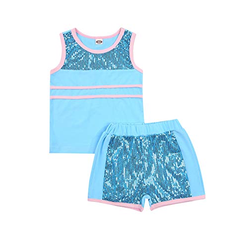 NvekeyBromn Toddler Baby Girl Summer Clothes Sequin Short Sleeve T-Shirt Short Sets Outfit (Blue,4-5T,)