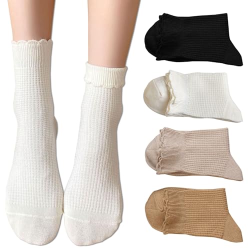 zrylibya Women Cute Ruffle Frilly Turn Cuff Ankle Socks Scalloped Pointelle Solid Casual Crew Socks 4 Pairs