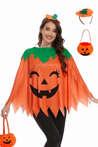 TMSD Women's Halloween Pumpkin Orange Poncho Costume with a Headband
