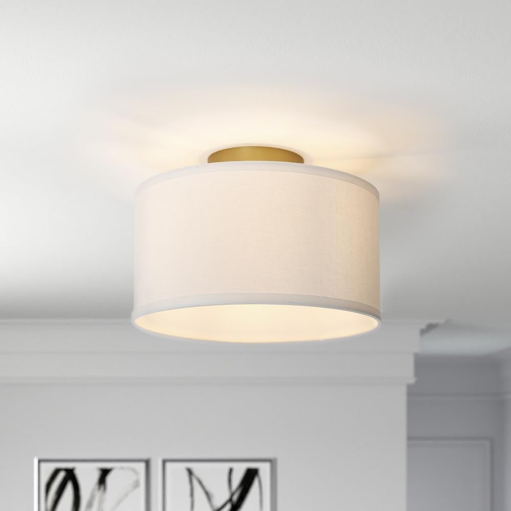 Yosoan White Indoor Hallway Ceiling Light Fixture, 1-Light Antique Brass Vanity Vintage Semi Flush Mount Light Retro Night Lamp for Bedroom Dinning Room Living Room Corridor Kitchen Entryway Passway