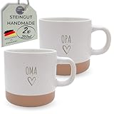 HerzHolzPapier® Steingut-Tassen Set OMA und OPA – 2x 360 ml – Handgefertigte Keramik Kaffeetassen – Spülmaschinen- & Mikrowellenfest – Rustikales Design in Sprenkeloptik – Geschenk für Oma und Opa