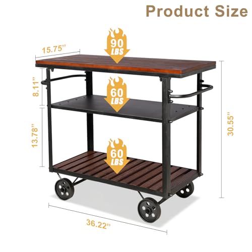 BOKKOLIK Vintage Rolling Bar Cart on Wheels Industrial Mobile Serving Cart Metal and Wood Design for Kitchen Bar Office Coffee House 36.2" Lx15.75 Wx30.5 H 3 Tier with 2 Side Handle - Thumbnail 2