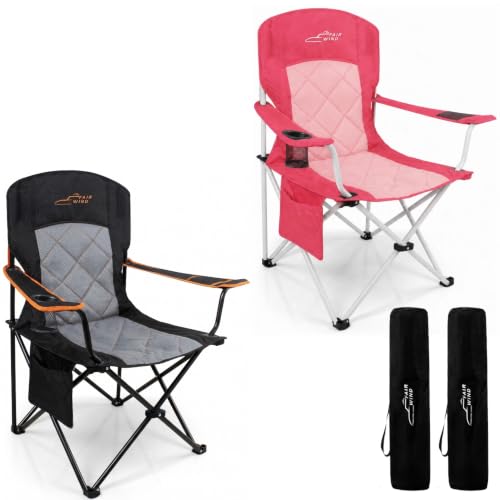 FAIR WIND Oversized Padded Camping Chair 2 Pack 350 LBS Capacity Heavy Duty Quad Chair with Lumbar-Support, Side Pocket & Cup Holder Portable Lawn Chair for Outside, Tailgating, Beach, Sports
