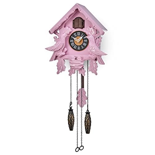 TIMEGEAR Cuckoo Clock with Night Mode, Singing Bird, Wooden Decorations and Swinging Pendulum (Pink)