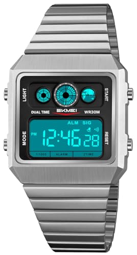Montre numérique carrée rétro FANMIS en acier inoxydable et étanche pour homme
