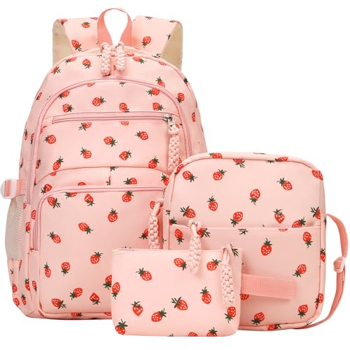 Image of Coquette Strawberry Backpack - Cute Kawaii Backpack Set Aesthetic Daypack Aesthetic Rucksack (B01 Strawberry Pink)