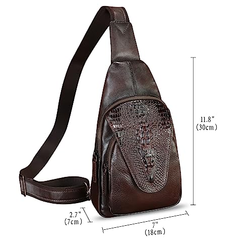 Image of Genuine Leather Sling Bag Embossed Crocodile Pattern Leather Crossbody Sling Backpack Handmade Chest Purse Daypack (Coffee)