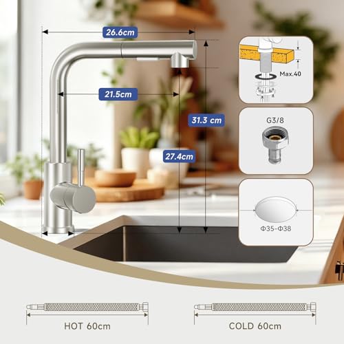 Wasserhahn Küche Ausziehbar mit 360° Flexibler, Hochdruck Schwenkbar, Biegsamer Küchenarmatur Wasserhahn für die Küche, Kitchen Faucet Edelstahl