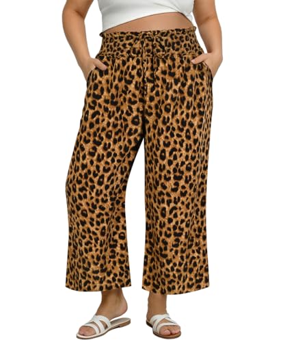 CARCOS Plus Size Pants Womens 3X Summer Leopard Palazzo Pants Drawstring Wide Leg Yoga Pants with Pockets Smocked High Waist Beach Boho Baggy Cropped Lounge Pant Hawaii Vacation Outfits 3XL 20W 22W