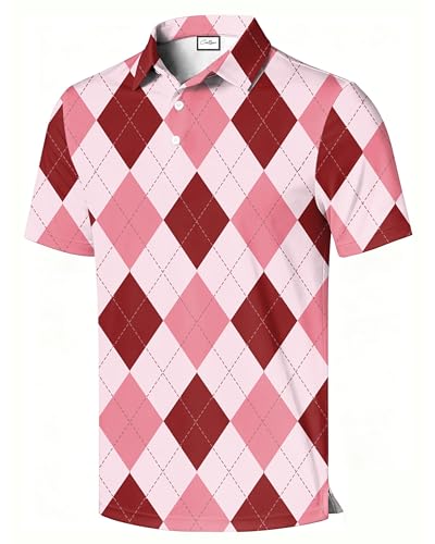 COOLLYME Men's Golf Polo Shirt, Argyle Print, Short Sleeve, 100% Polyester, Regular Fit