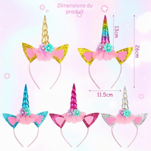 VFANDV 5 Pièces Serre Tete Licorne, Bandeau Lumineux avec Accessoires et Oreilles, Serre-têtes en Forme Licorne, Adulte Enfant Pâques Anniversaires Fêtes Cosplay – vue 2