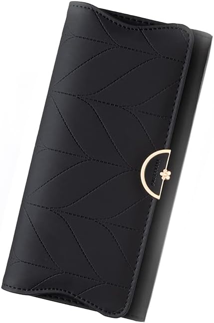 PU Leather Women's Long Wallet, Women's Leather Wallet, 3 Fold Women's Card Holder, Embossed Square Wallet (Black)