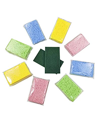 Cellulose Sponges Kitchen, For Washing Dishes, In Bulk, 24 Pack (3 Count X 8 Individually Wrapped + 2 Free Scouring Pads), 100% Natural Biodegradable #TOP1