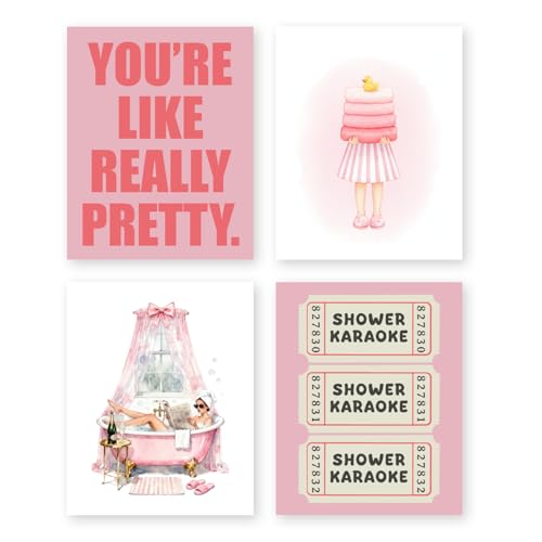 RLCNOT Pink Bathroom Wall Art Prints Set of 4, Pink Retro Shower Karaoke Girly Wall Posters for Girls Bathroom Washroom Restroom, Aesthetic Posters Preppy Room Decor, 8x10 Inch Unframed -DLY05