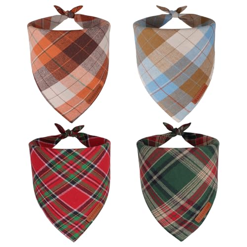 ADOGGYGO Fall Christmas Plaid Dog Bandanas for Large Dogs, 4 Pack, L