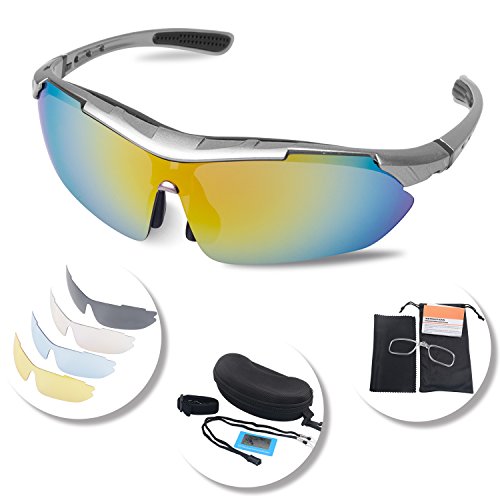 Gafas Polarizadas Deporte Bici Anti UV400 Gafas Para Correr Running Antivaho con 5 Lentes Intercambiables Adaptadas también a Ciclismo Bicicleta de Montaña MTB y Carrera para Hombre y Mujer