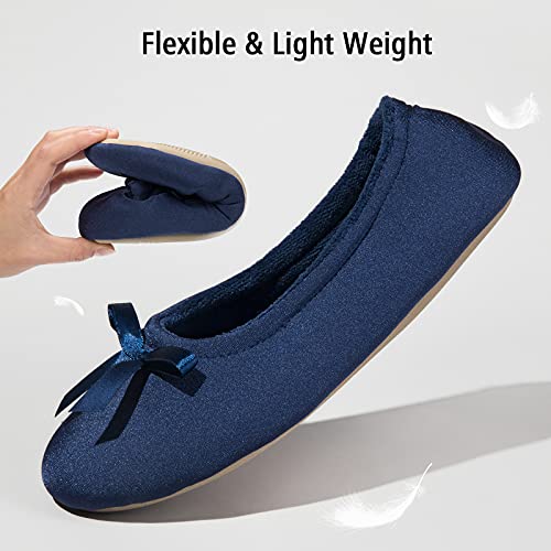 Everfoams Women's Satin Memory Foam Ballerina Slippers Cute House Shoes With Indoor Rubber Sole (Size 9-10 M Us, Navy Blue) #TOP3