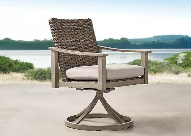 Diagram showing the dimensions of the swivel rocker chair, stationary dining chair, and fire pit dining table in inches.