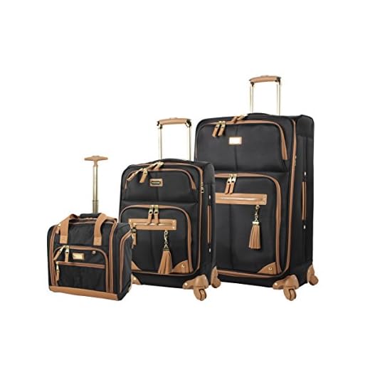 Steve Madden Designer Luggage Collection- 3 Piece Softside Expandable Lightweight Spinner Suitcases- Travel Set includes Under Seat Bag, 20-Inch Carry on & 28-Inch Checked Suitcase (Harlo Black)