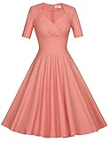 MUXXN Women's 50s Retro Solid Patchwork Pleated Swing Dress (L, Pink)