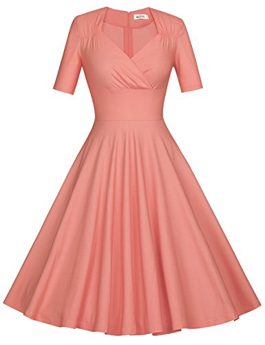 MUXXN Vintage Dresses for Women 1950's Retro Short Sleeve Midi A-Line Swing V Neck Rockabilly Skater Dress Pink L