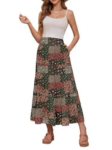NASHALYLY Women's High Waisted Maxi Skirt,Elastic Chiffon Boho Long Skirt with Pockets(Green Boho,S)