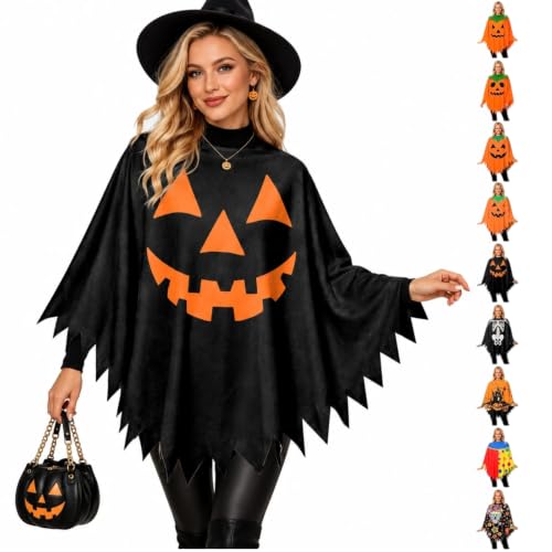 CHENXDZHAO Women's Pumpkin Poncho Halloween Costume, Black, One Size