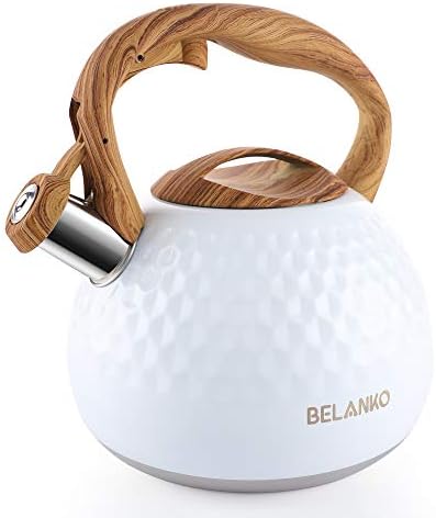 Tea Kettle, 2.7 Quart / 3 Liter BELANKO Stainless Steel Tea Kettles for Stove Top, Food Grade Teapot with Wood Pattern Handle Loud Whistling for Coffee, Milk etc, Gas Electric Applicable - Gloss White