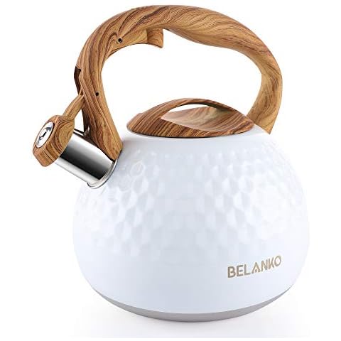 BELANKO 2.7 Quart Tea Kettle for Stovetop - Food Grade Stainless Steel with Diamond Texture, Designer Teapot Look, Cool-Touch Wood Pattern Handle, Whistling Spout - Gloss White Cover