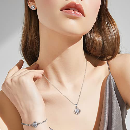 Emibele Lucky Clover Bracelet Necklace Earrings Jewelry Set for Women, Classic 4-Leaf White Gold Plated Bracelet Cubic Zirconia Studs Earrings Good Luck Pendant Necklace Mother’s Day Jewelry Gifts
