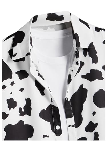 WDIRARA Men's Cow Print Button Down Shirt Short Sleeve Collar Top Casual Summer Tops3