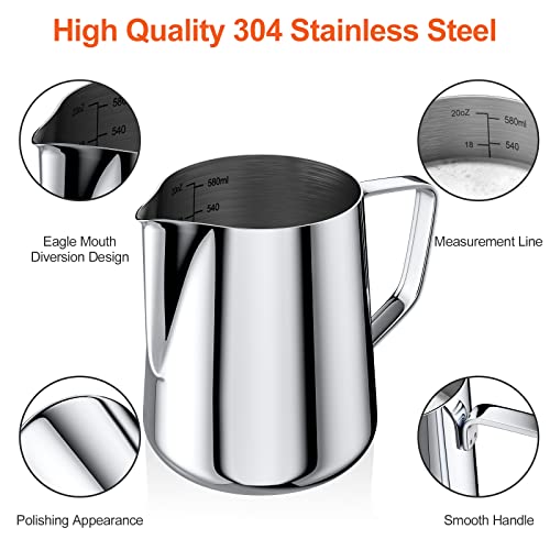 Newaner 600 ml melkkannetje om melk op te schuimen, 304 roestvrij staal, melkkan met meting Mark 12 oz voor barista, melk pitcher voor cappuccino, espresso, latte art, perfect voor koffieliefjes, zilver - Image 4