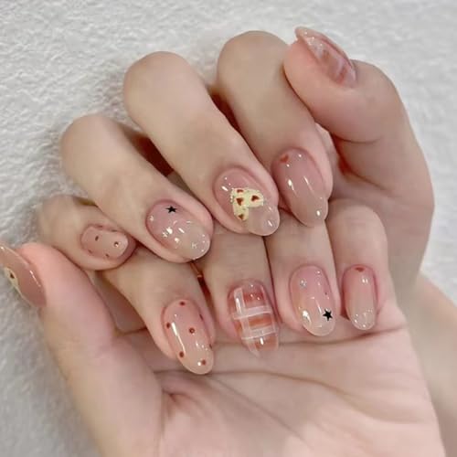 Lot de 24 faux ongles à presser en forme d'étoile rose nude – Faux ongles courts en amande avec détails à pois, accents de cœur crème et motif écossais – Matériau ABS avec languettes adhésives en