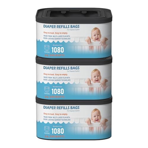 Jumbo+ Square Refills Disposal Bags Refill (Baby Powder Scent) Compatible with Diaper Genie Classic Compact Premier and Select Pails Hold Up to 1080 Newborn-Sized Diapers Per Refill 3 Pack