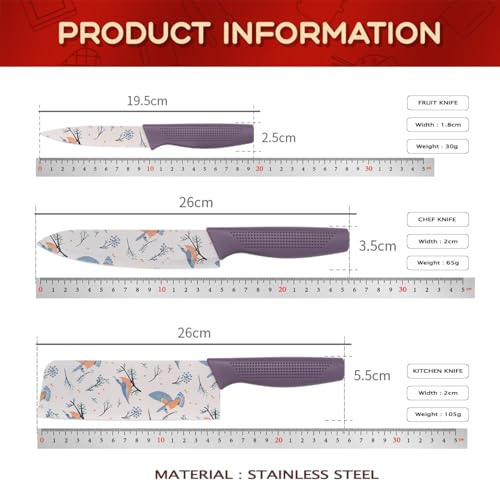Image of Amorston 4-Piece Black Kitchen Knife Set with 3 Ceramic Coated Knives & 3-Stage Knife Sharpener | Non-Stick Stainless Steel Blades | Ergonomic Handle | Multipurpose Cooking Knife Set (Purple)
